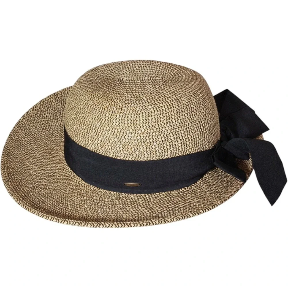 Coolibar Asymmetrical Clara Sun Hat UPF 50+ Straw Bow Ribbon Tan Black 02377